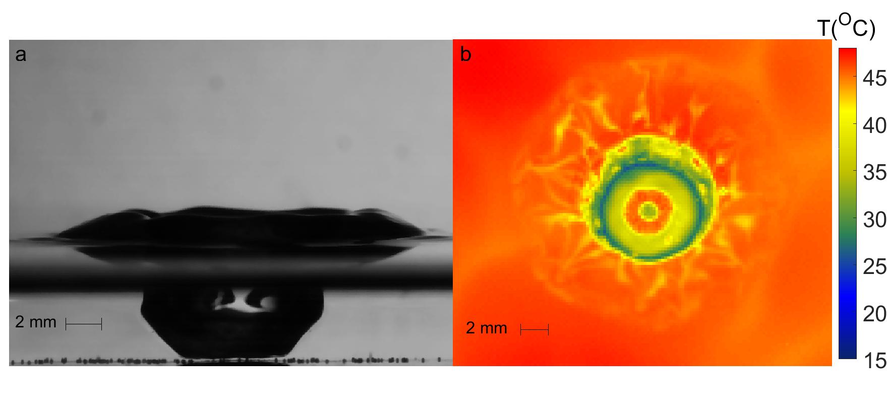 A composite image comparing the visible and infrared, showing the aftermath of a cold droplet impacting on a hot film. Linear features due to the uneven mixing are visible in the infrared image.