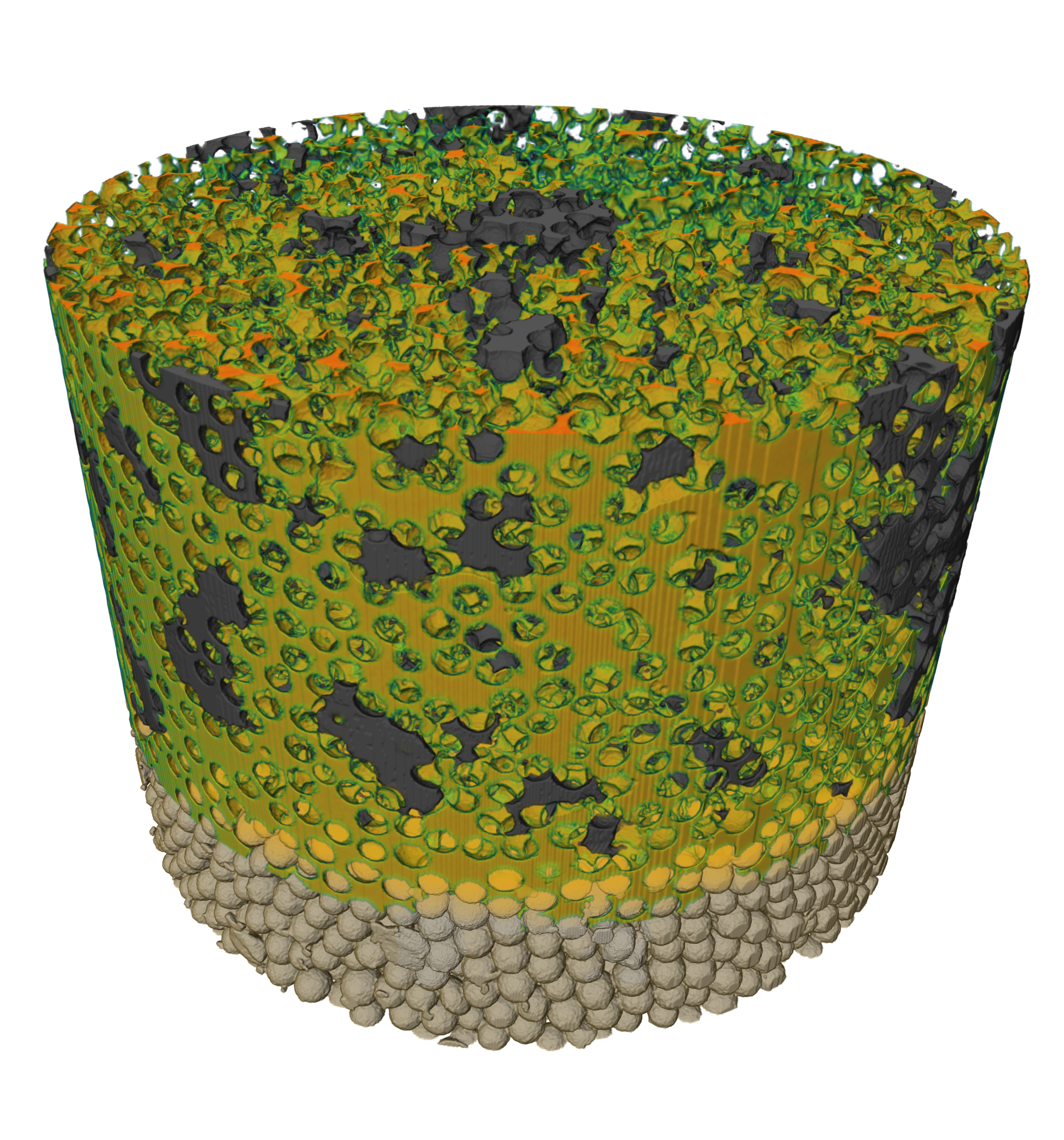 <p>This image illustrates the first segmented micro-CT X-ray image from the dynamics of solute (KI solution) transport in a glass-bead packing filled with oil (dark grey) and water. The X-ray image has been taken in I12 beamline in Diamond Light Sources at a spatial resolution of 3.25 microns and time resolution of 6 seconds. Results of the research have been recently published in PNAS https://www.pnas.org/content/early/2020/09/03/2011716117.</p>
