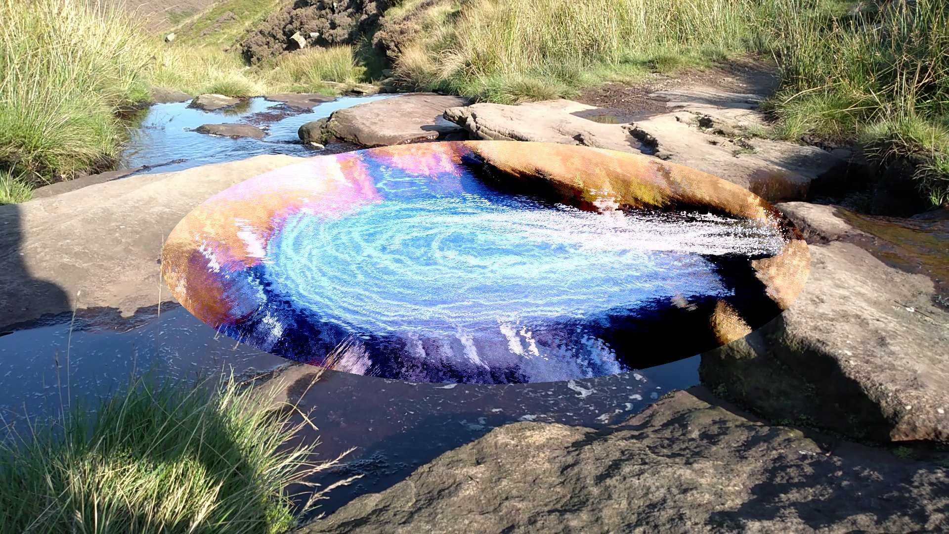 Generated from a video of a natural vortex taken on Wessenden Head Moor in the Peak District. The video frames were z-projected in Image-J with naturally-occurring foam acting as tracer particles, and then this image was contrasted, cropped to an ellipse, and superimposed on the first video frame.
