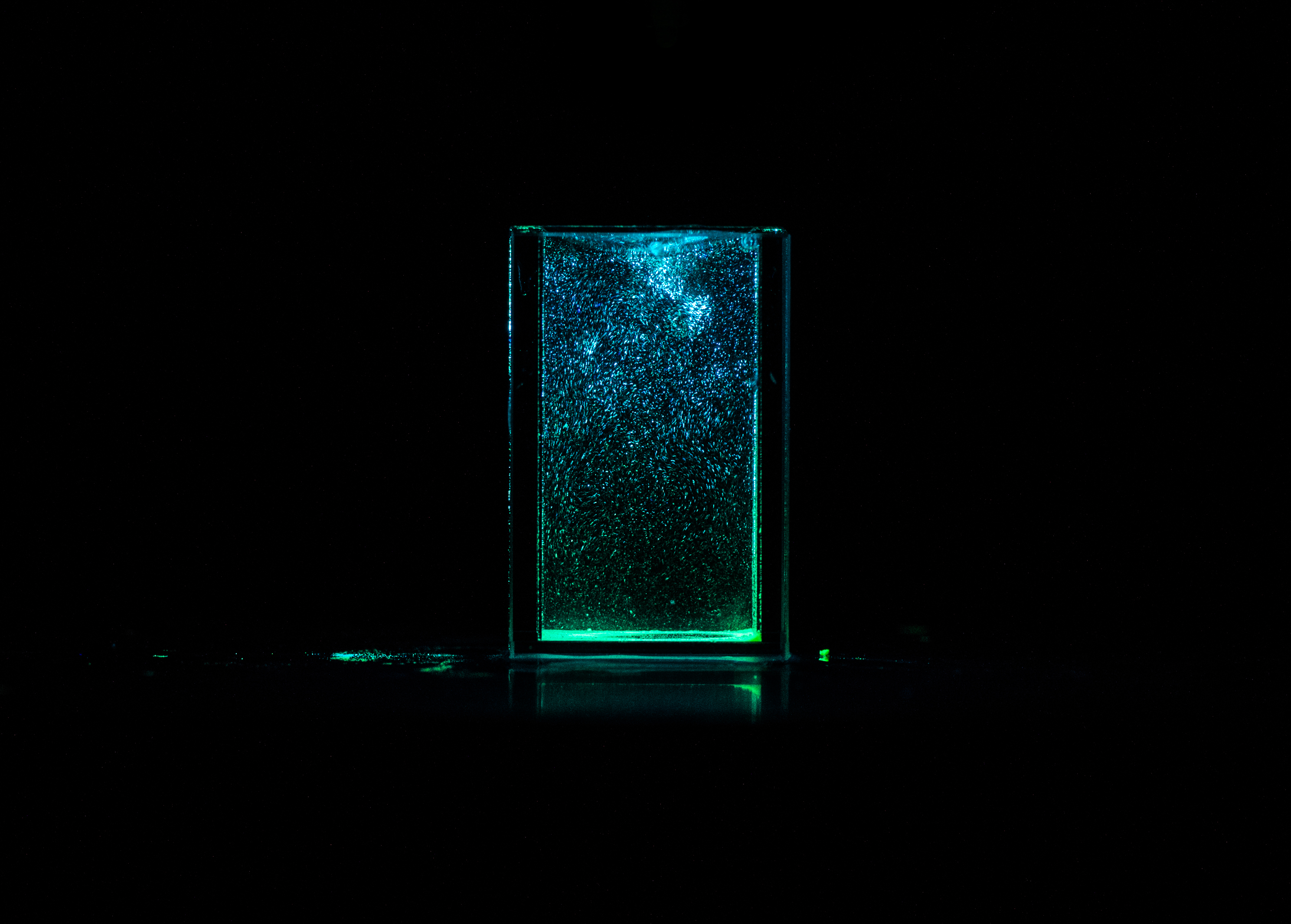 Hot suspension of temperature-sensitive phosphor particles was dripped into a cuvette half-filled with cold water. The cuvette was illuminate by a UV light sheet. The particles were cooling down due to the mixing process, and the emission spectrum shift from blue towards green. This emission property sheds light on a novel technique that can implement simultaneous temperature and velocity imaging in fluids. (Original photo; no enhancement.)